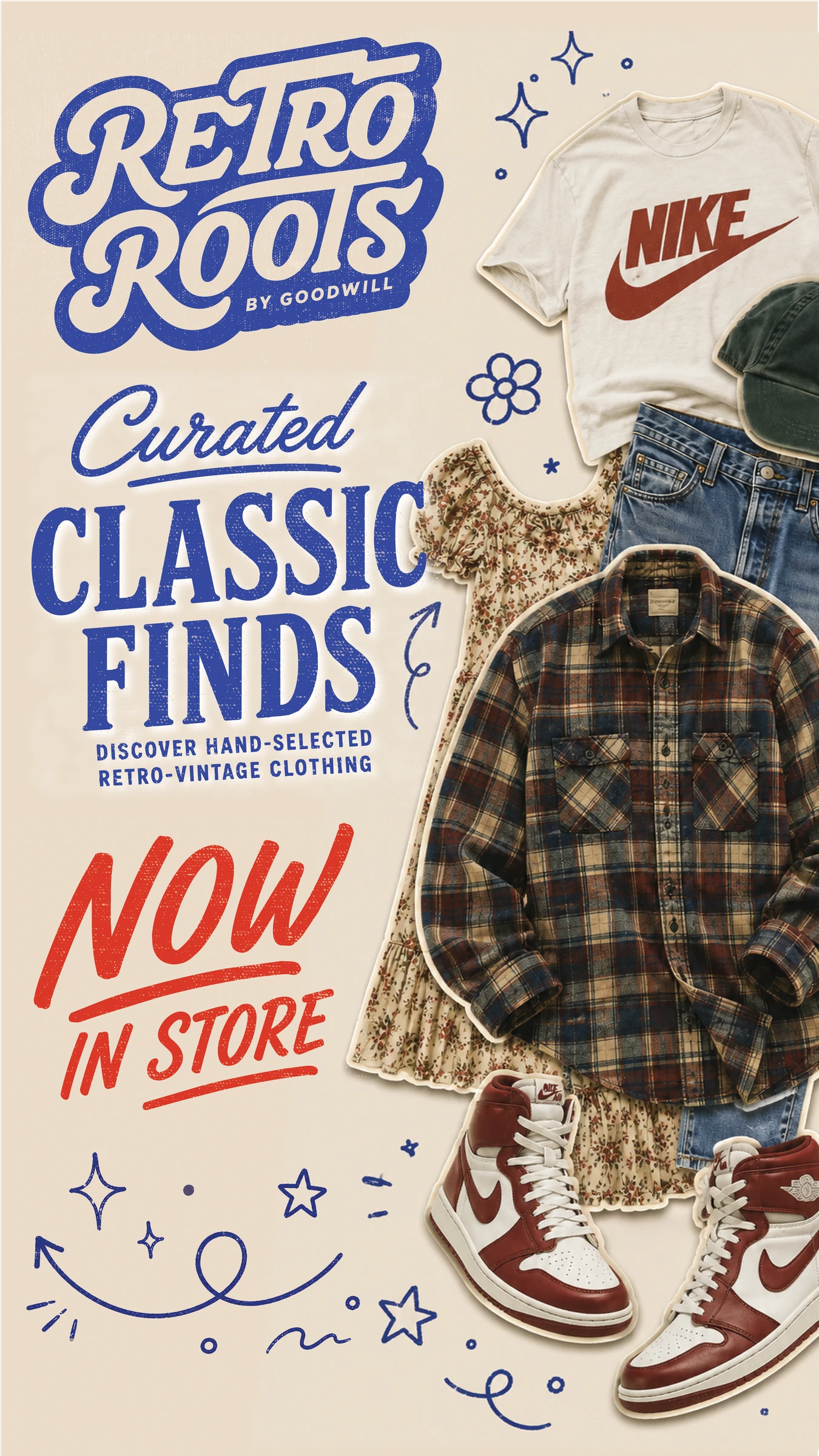 Tall creative on cream: the Retro Roots logo, Curated Classic Finds, Discover hand-selected retro-vintage clothing, Now in store, with a collage of a graphic tee, cap, floral dress, plaid flannel, jeans, and red high-tops.