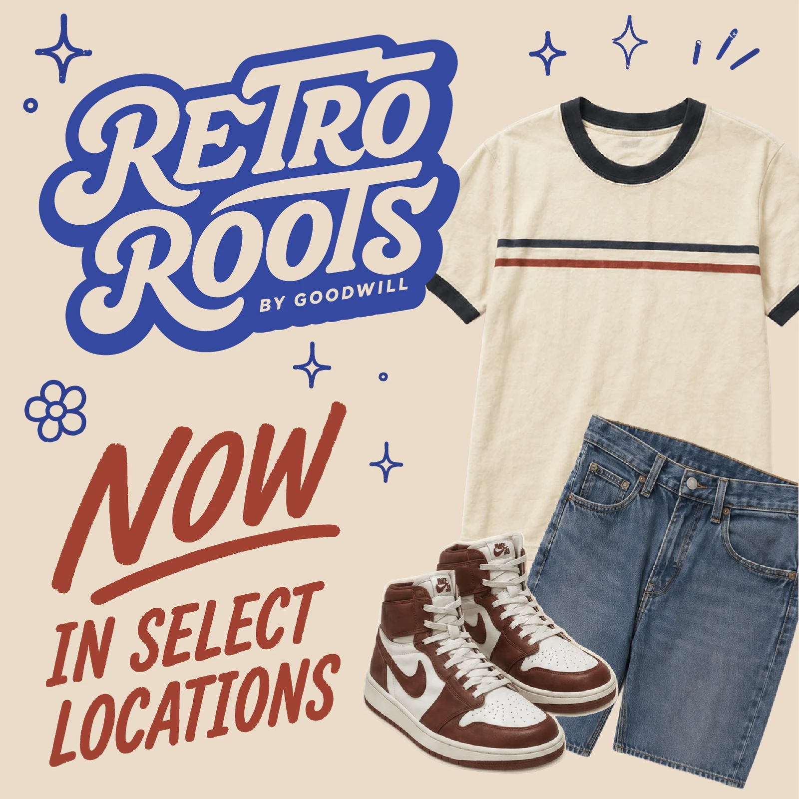 Square creative on cream: the Retro Roots logo, Now in select locations in red hand-lettering, a striped ringer tee, denim shorts, and brown high-top sneakers.
