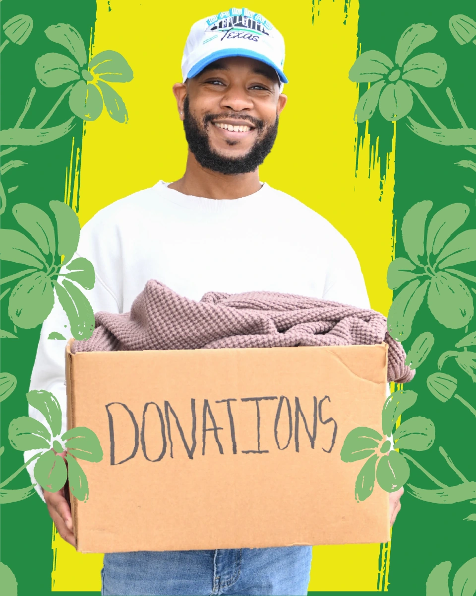 Spring donation creative, general version: a smiling man in a cap holding a box marked Donations against green and yellow with spring flower illustrations.