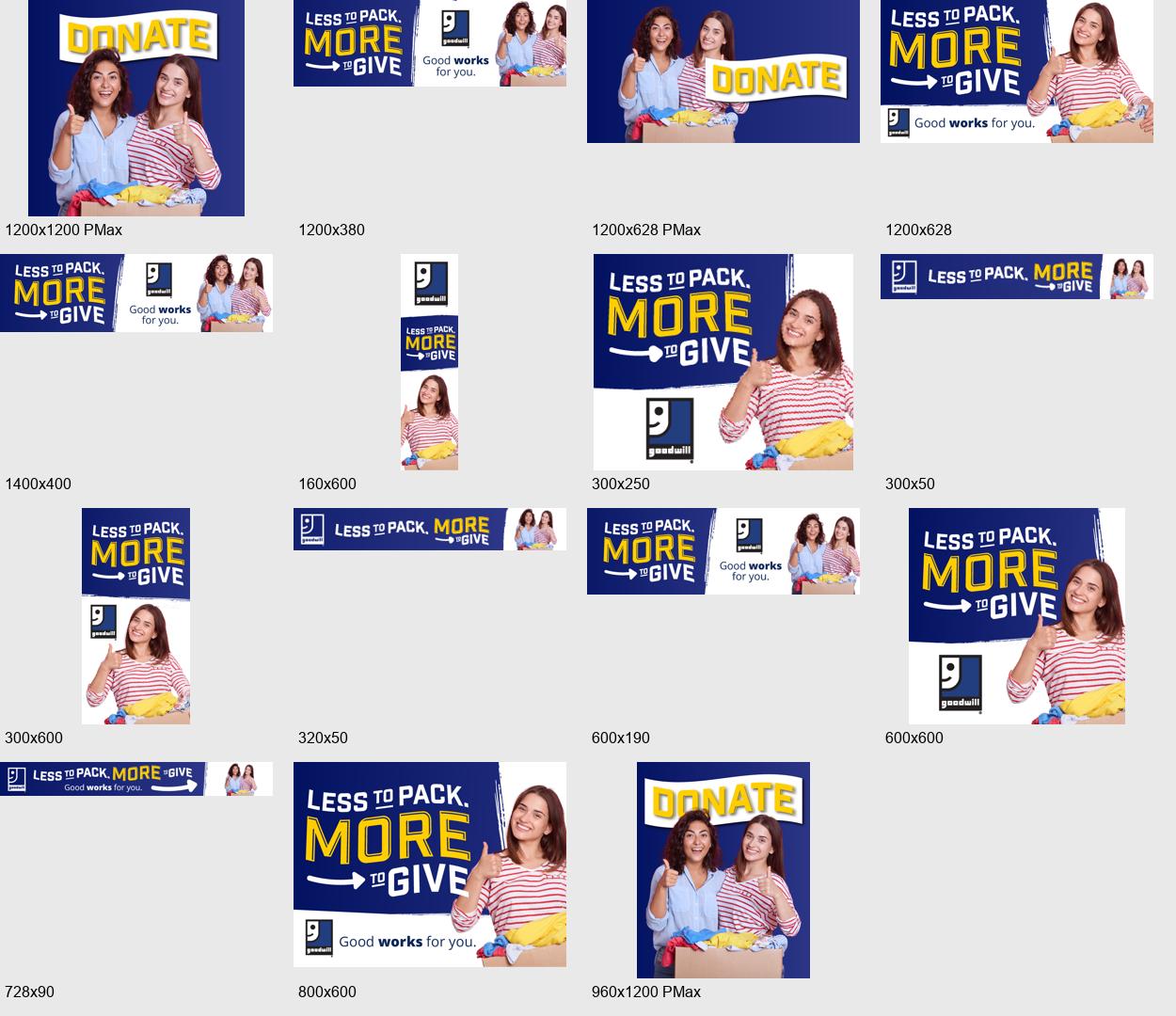 Contact sheet of the college concept in fifteen ad sizes, each labelled with its pixel dimensions.