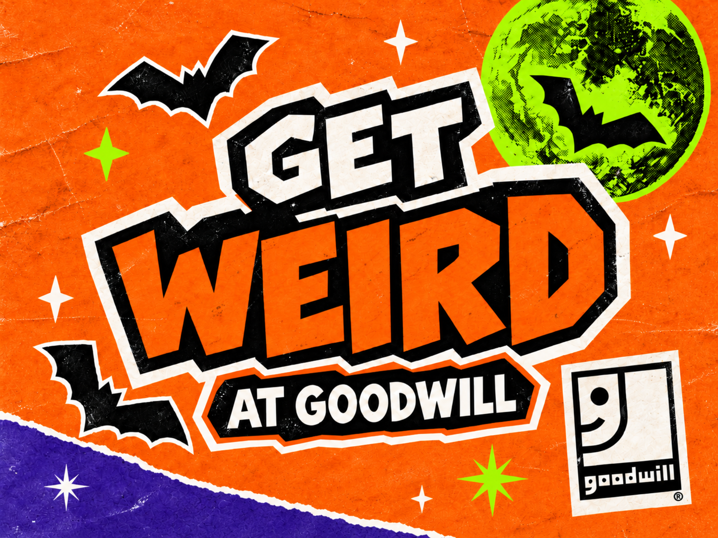 Get Weird at Goodwill title card: chunky orange and cream lettering on a textured orange ground, with black bats, a lime-green moon, and the Goodwill logo.