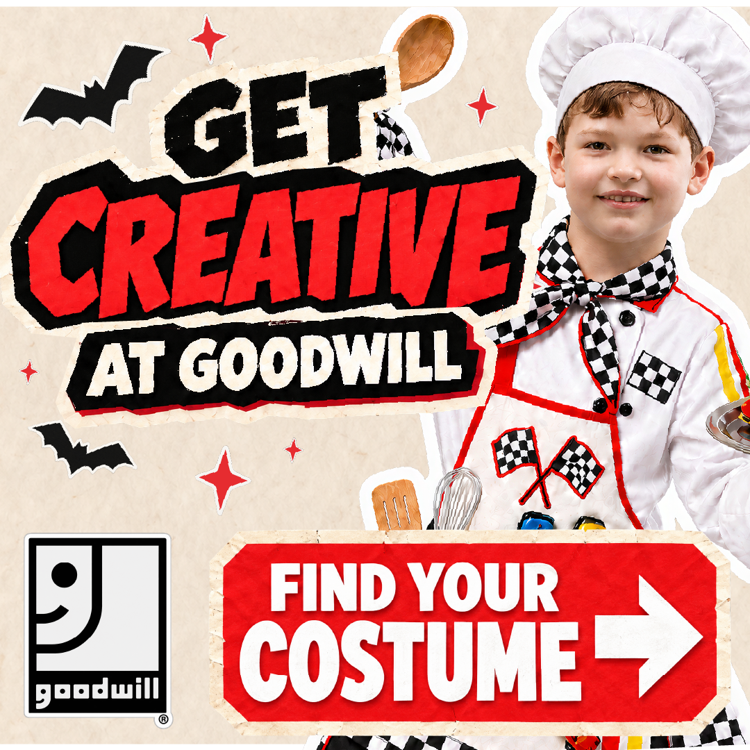 Get Creative at Goodwill, child in a chef costume with a checkered scarf on cream.