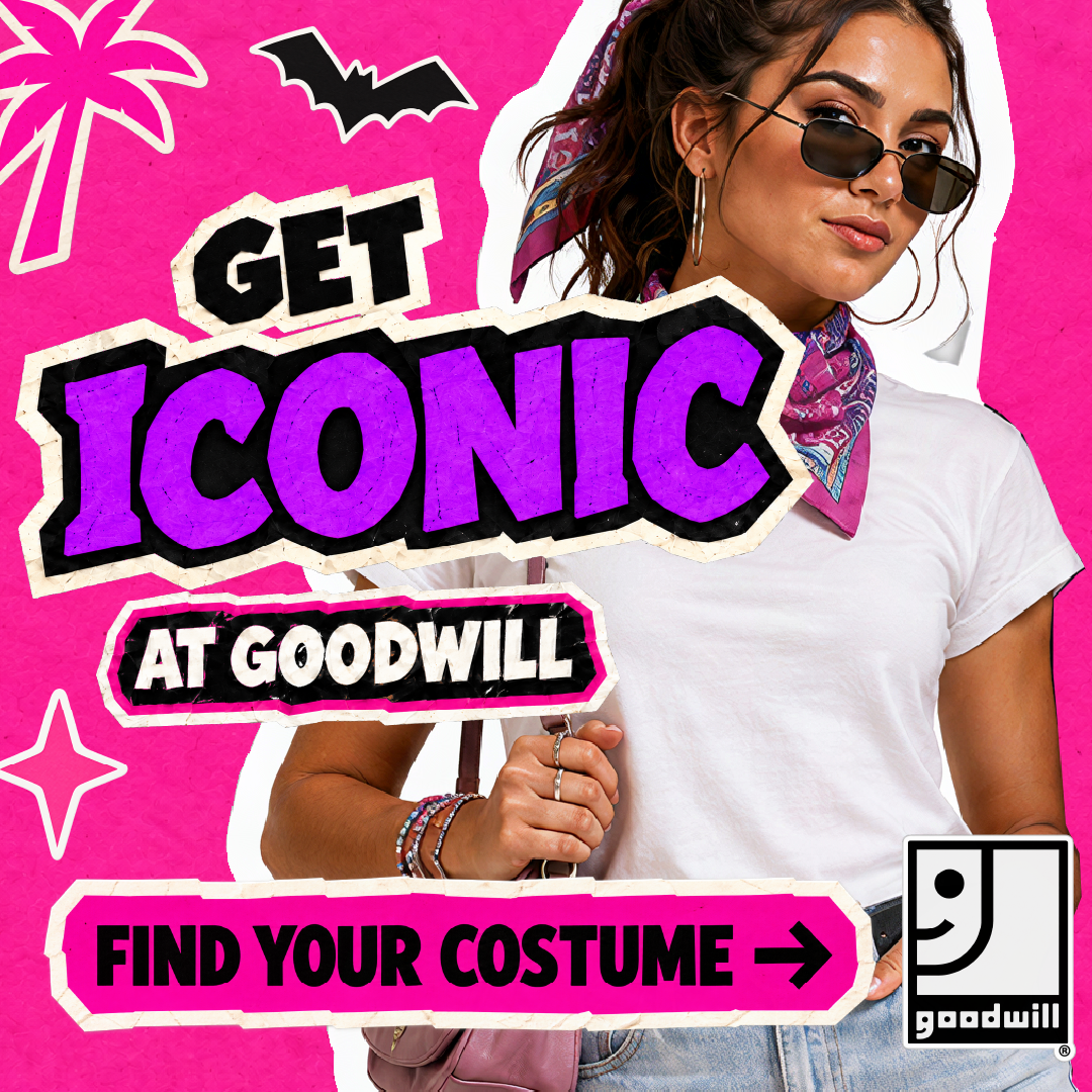 Get Iconic at Goodwill, woman in sunglasses and bandana on hot pink.