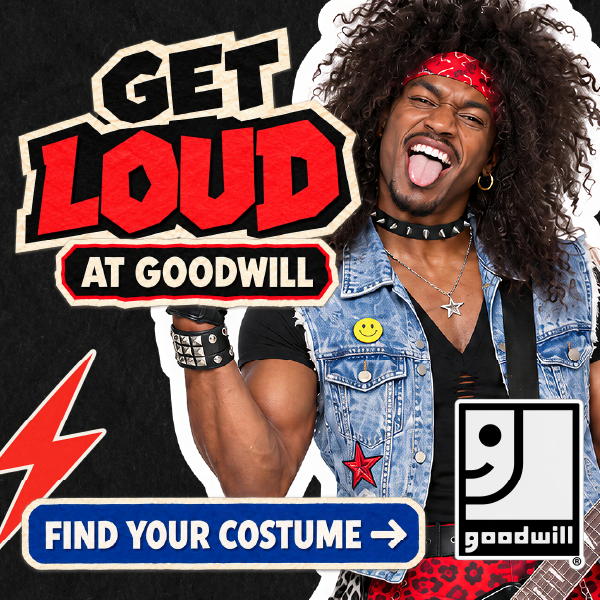 Get Loud at Goodwill, man in a denim vest and red bandana on black.