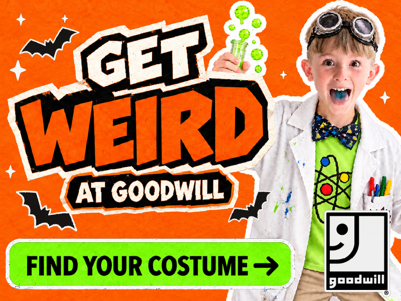 Get Weird at Goodwill, child scientist with bubbling flasks on orange.