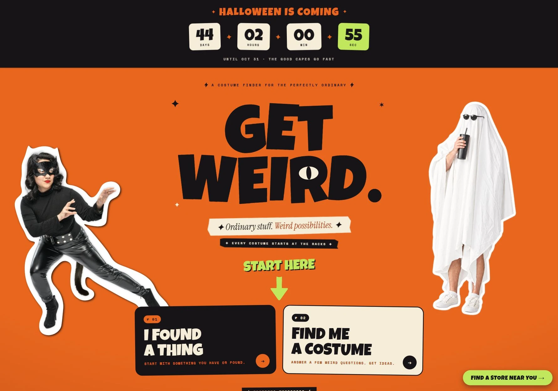 Costume finder start screen on desktop: a black countdown bar reading Halloween is coming, then a Get Weird headline on orange between two cut-out characters, with two ways in: I found a thing, or Find me a costume.
