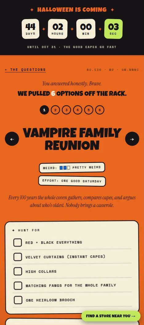 Result screen on a phone: Vampire Family Reunion, the first of six options, with weirdness and effort tags and a Hunt For shopping checklist.