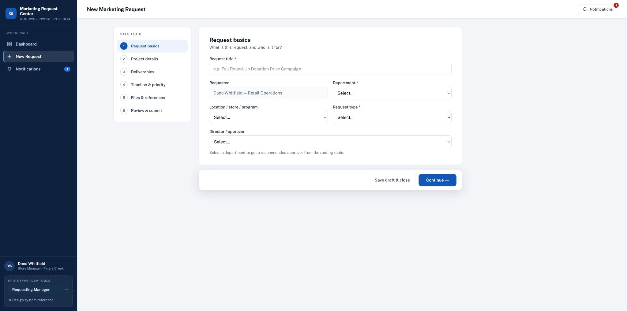 New Marketing Request prototype, step 1 of 6, Request basics: a step list on the left and fields for request title, requester, department, location, request type, and director or approver, with Save draft and Continue buttons.