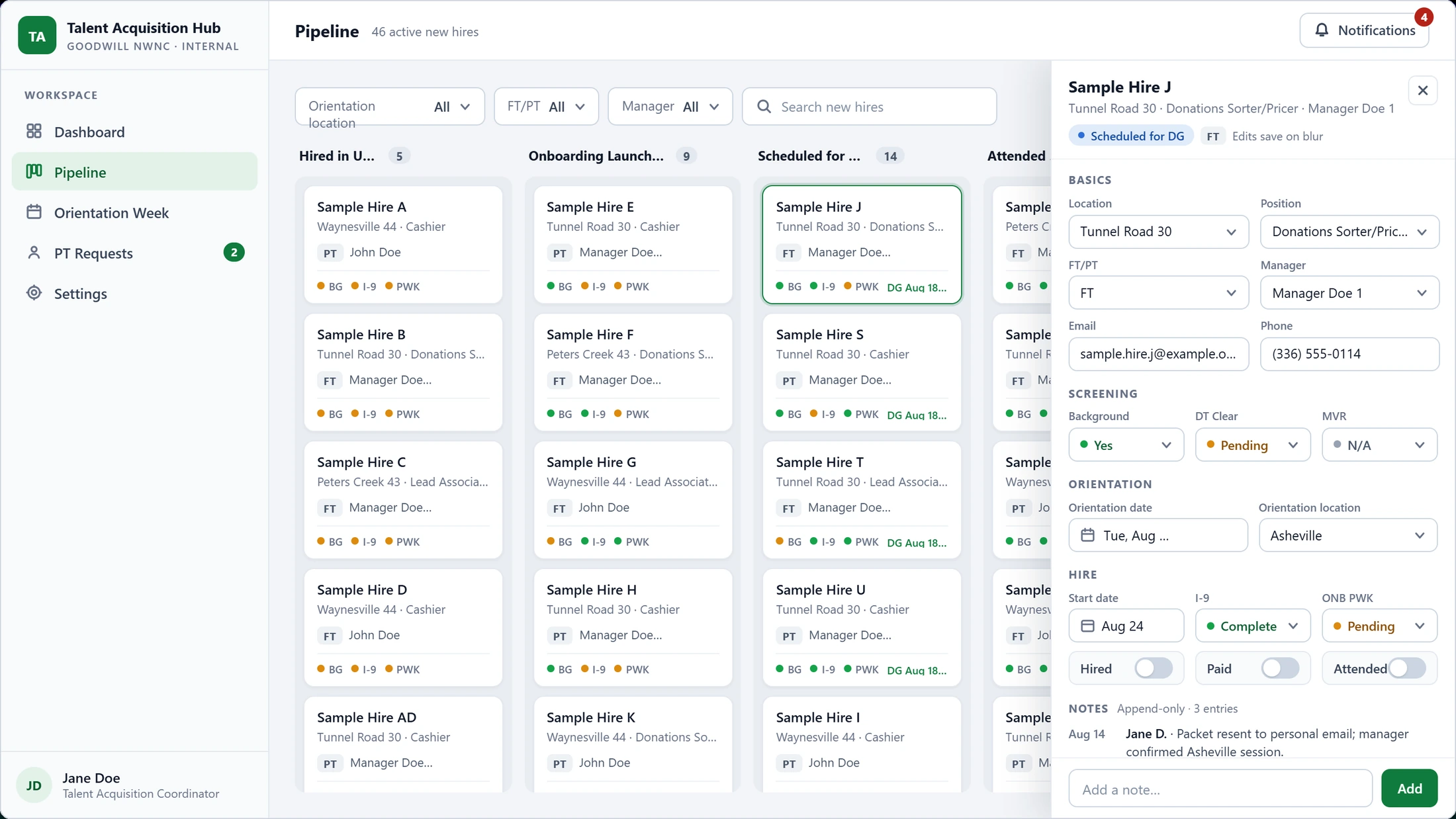 Talent Acquisition Hub pipeline prototype: columns of sample new-hire cards by stage, with a detail panel open for one record showing screening, orientation, and hire fields.