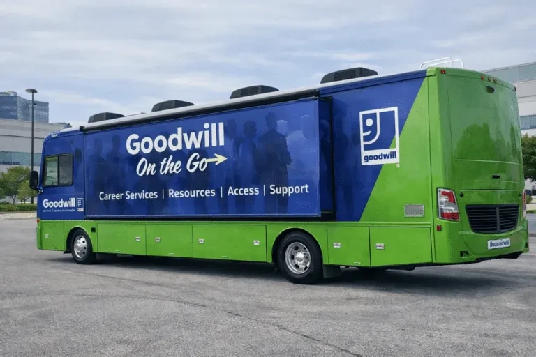The installed Goodwill on the Go mobile unit parked outdoors: blue upper wrap with the Goodwill On the Go lettering and Career Services, Resources, Access, Support, over a green lower body.
