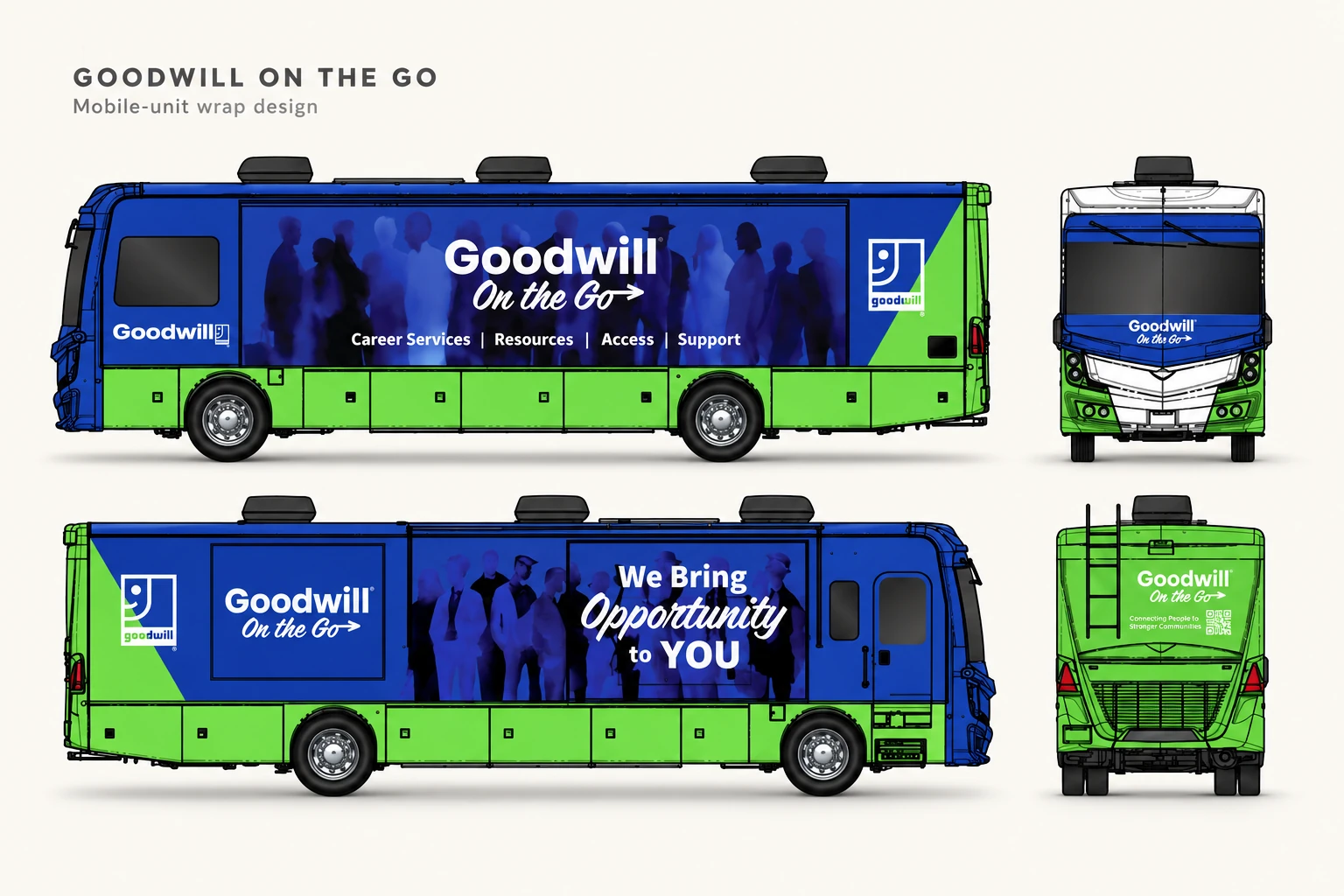 Four views of the wrap design on a white background: driver side with Goodwill On the Go and service words, passenger side with We Bring Opportunity to You, plus the front and the rear with a QR code.